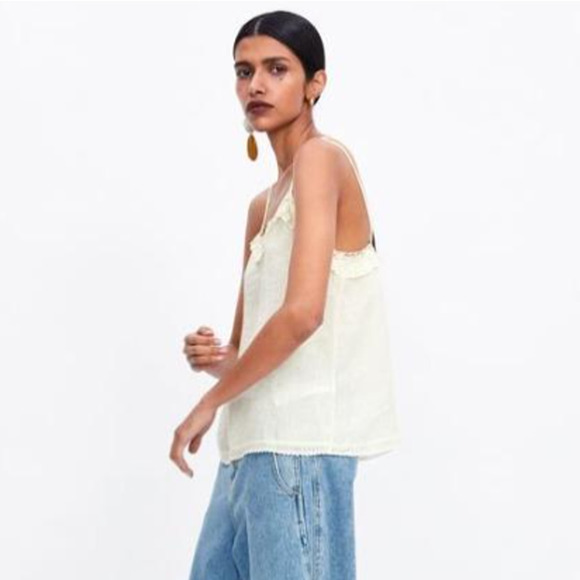 ZARA 100% Linen Cami Ruffle Lace Sleeveless Strappy V neck Tank Top, White - Picture 4 of 13